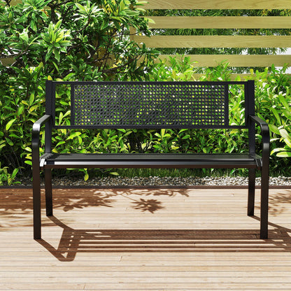 50 Inches Garden Bench with Patterned Backrest and Curved Armrests-Black
