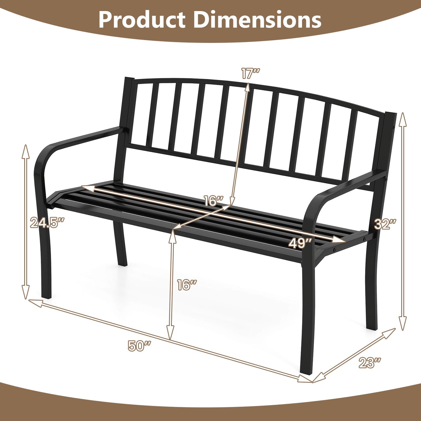50 Inches Outdoor Garden Bench with Slatted Backrest and Curved Armrests-Black