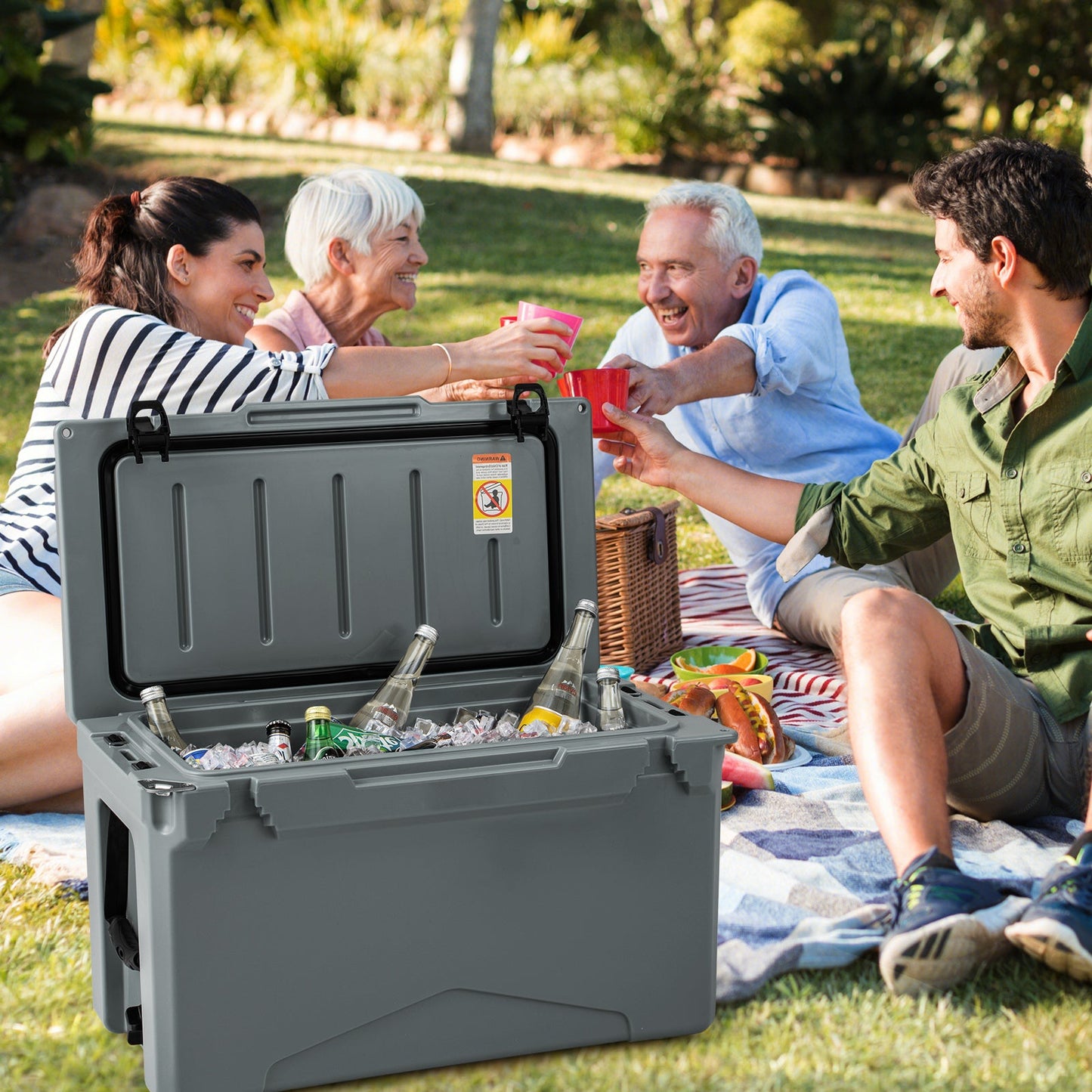 GemGear 50 QT Rotomolded Cooler insulated ice chest with integrated cup holders open for picnics on Tampa Home & Garden Store
