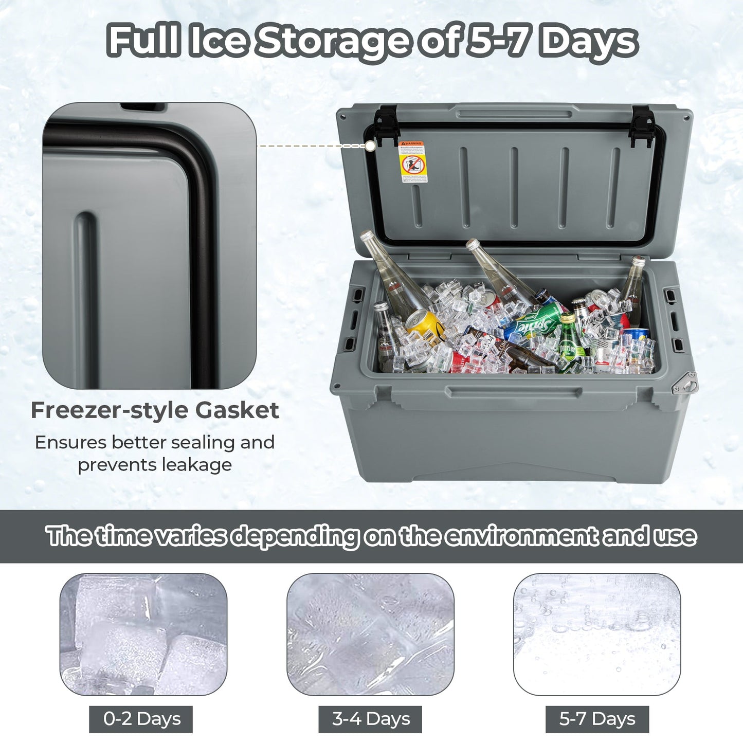 GemGear 50 QT rotomolded cooler open with ice and bottled drinks; freezer-style gasket close-up on Tampa Home & Garden Store
