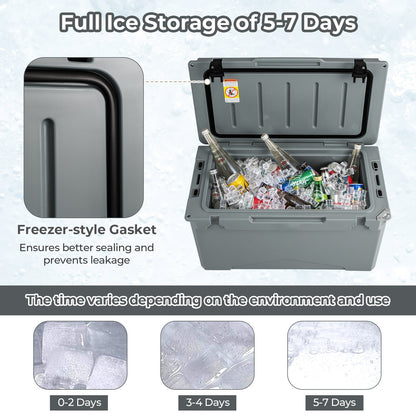 GemGear 50 QT rotomolded cooler open with ice and bottled drinks; freezer-style gasket close-up on Tampa Home & Garden Store