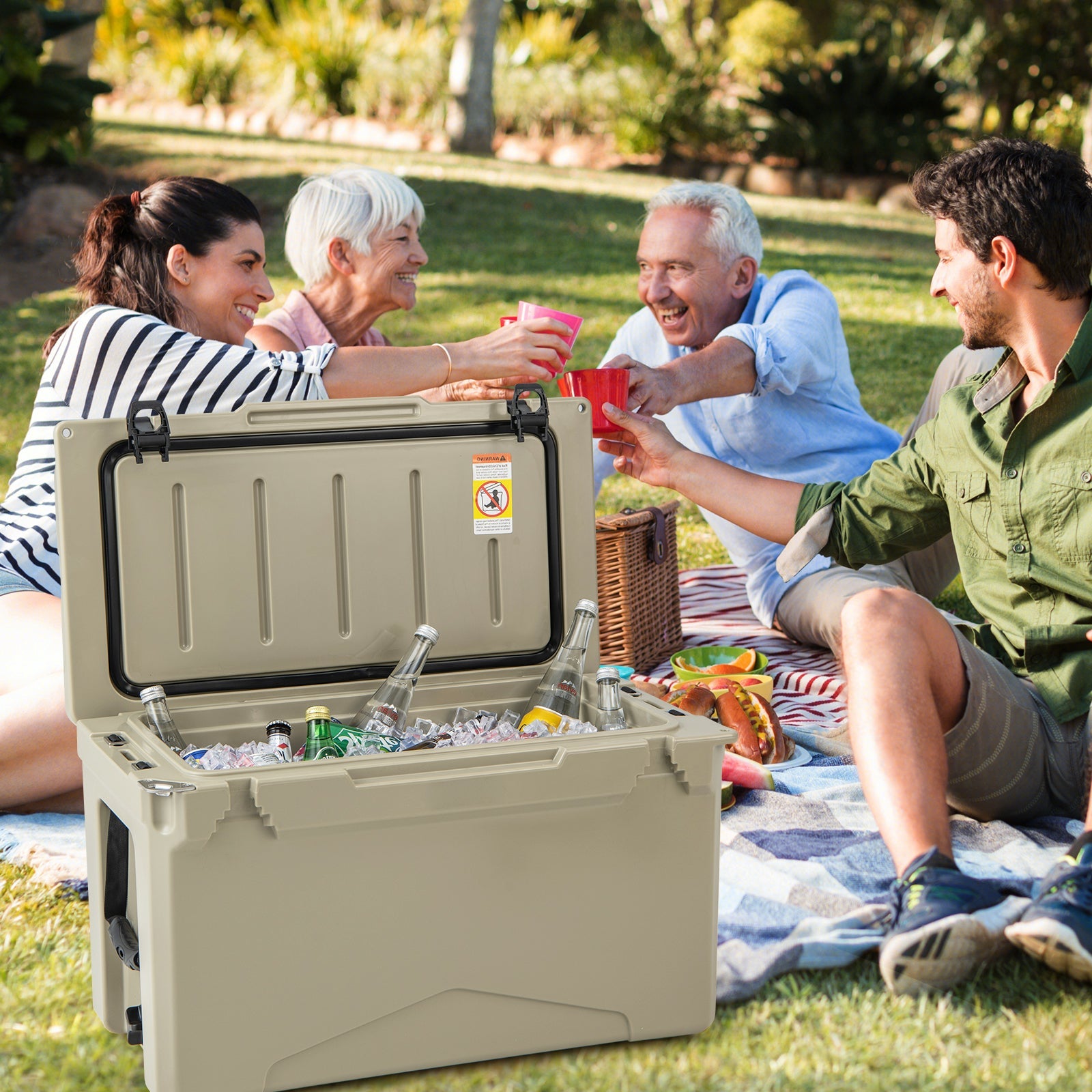 GemGear 50 Qt Rotomolded Cooler with integrated cup holders in beige, outdoor picnic scene on Tampa Home & Garden Store