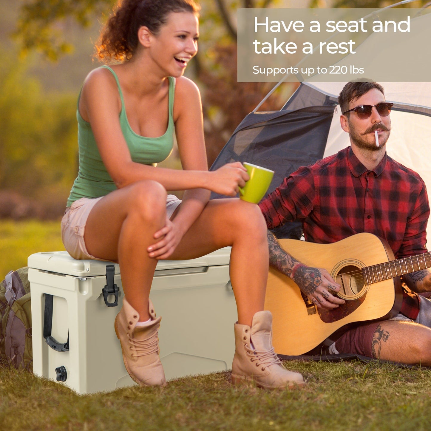 GemGear 50 QT rotomolded cooler with integrated cup holders, white outdoor camping scene on Tampa Home & Garden Store