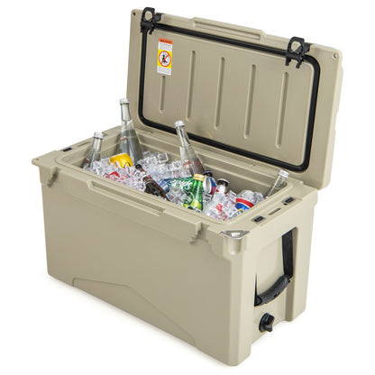 GemGear 50 QT rotomolded cooler with integrated cup holders, beige ice chest with bottles on Tampa Home & Garden Store