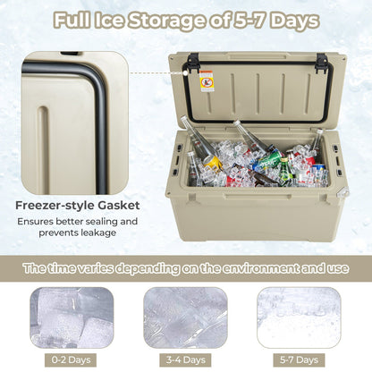GemGear 50 QT Rotomolded portable cooler in tan with integrated cup holders on Tampa Home & Garden Store