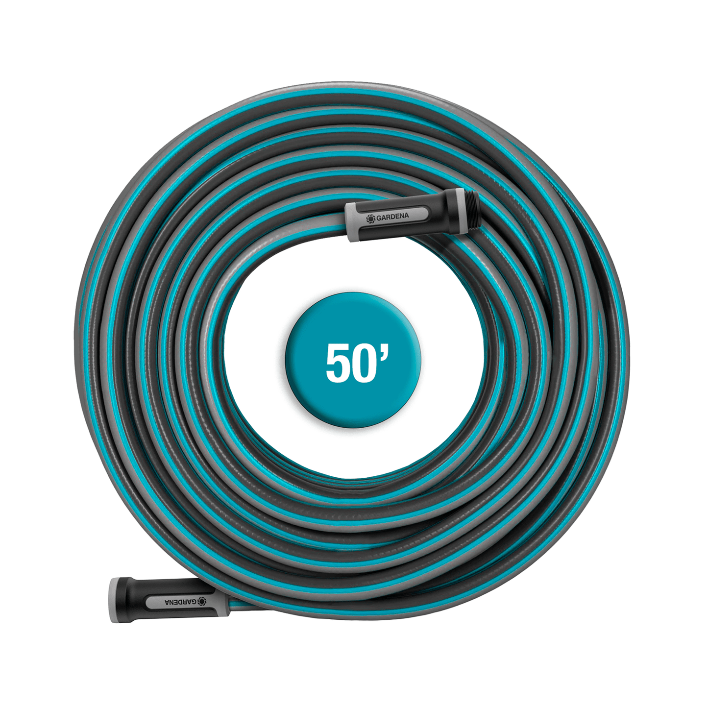 Gardena garden hose 30m 100ft 5/8 X-Flow, flexible irrigation hose with teal accents on Tampa Home & Garden Store