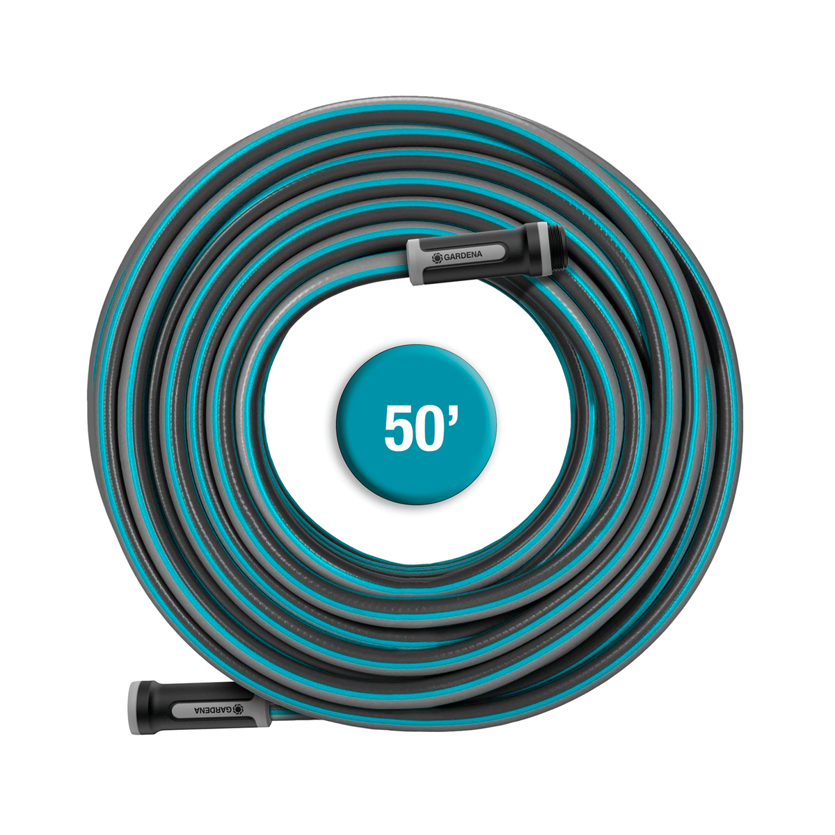 Gardena garden hose 30m 100ft 5/8 X-Flow, flexible irrigation hose with teal accents on Tampa Home & Garden Store