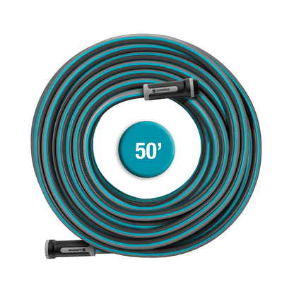 Gardena garden hose 30m 100ft 5/8 X-Flow, flexible irrigation hose with teal accents on Tampa Home & Garden Store