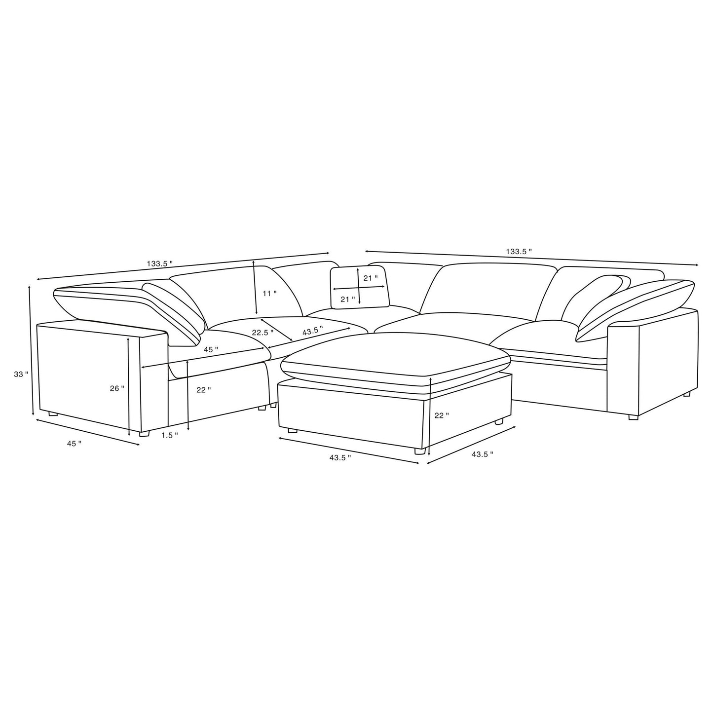 Segoura modular sectional with ottoman, 2-piece living room set by HouseOfZazla, sketch on Tampa Home & Garden Store