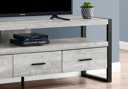 TV Stand Console in weathered gray wood with metal legs; holds TV, media players, plant on Tampa Home & Garden Store