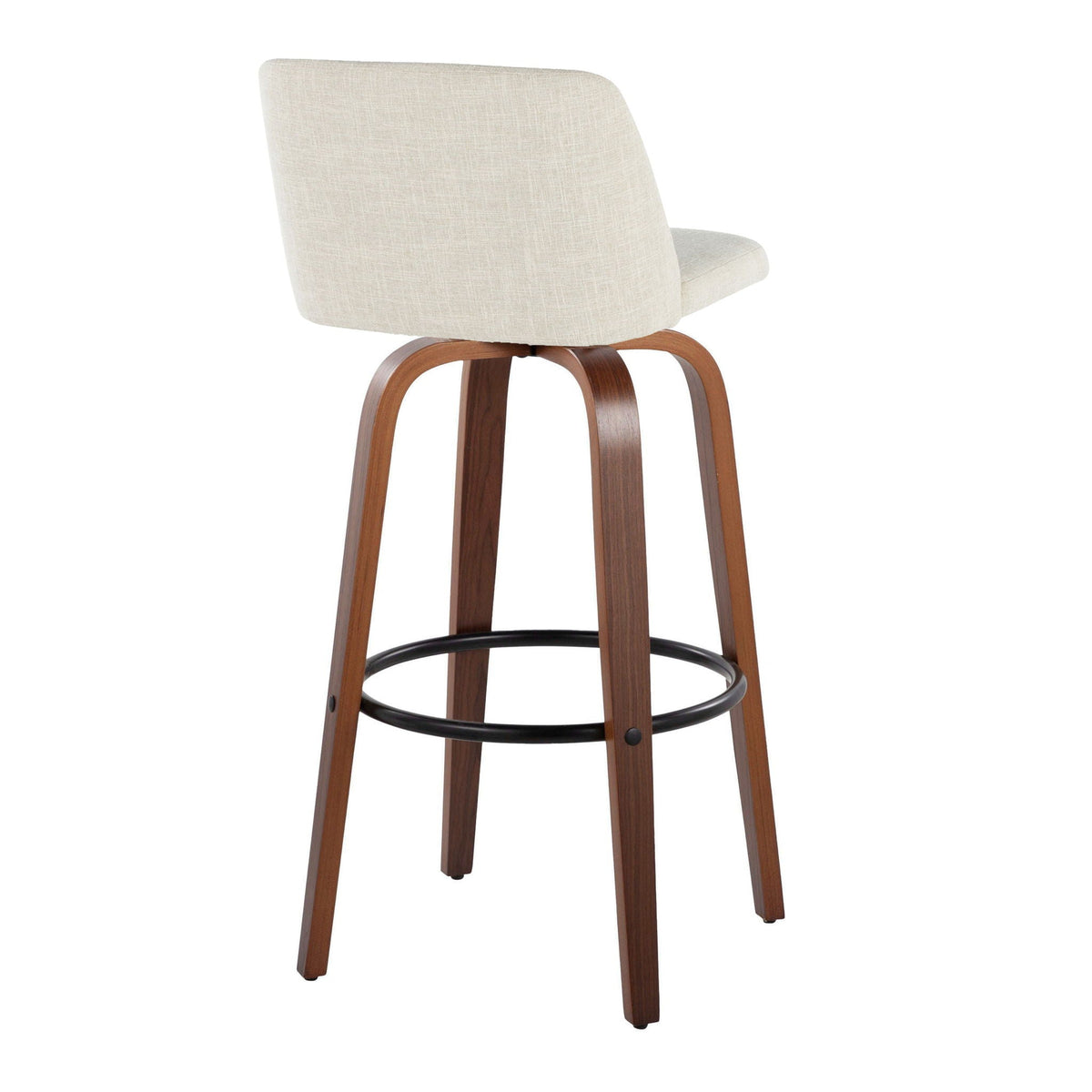 Fixed-height barstool with beige fabric upholstery, curved wood legs and round footrest on Tampa Home & Garden Store