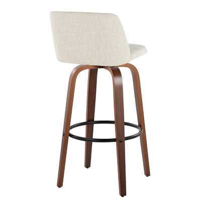 Fixed-height barstool with beige fabric upholstery, curved wood legs and round footrest on Tampa Home & Garden Store