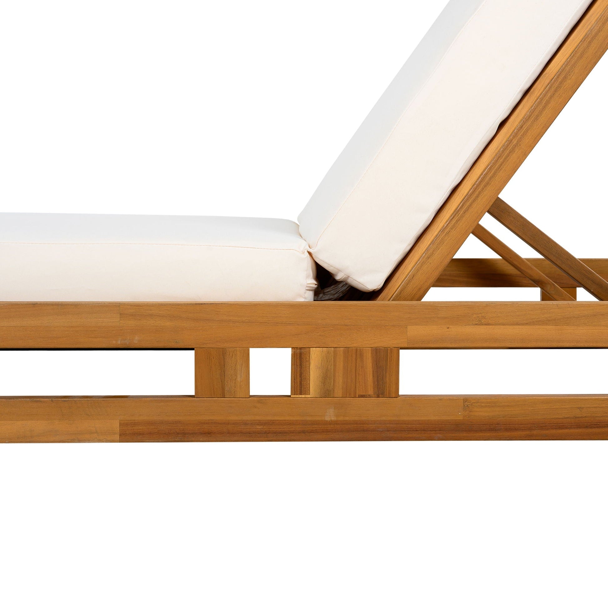 HouseOfZazla acacia wood lounge chaise with cream cushions, teak frame, adjustable recline on Tampa Home & Garden Store