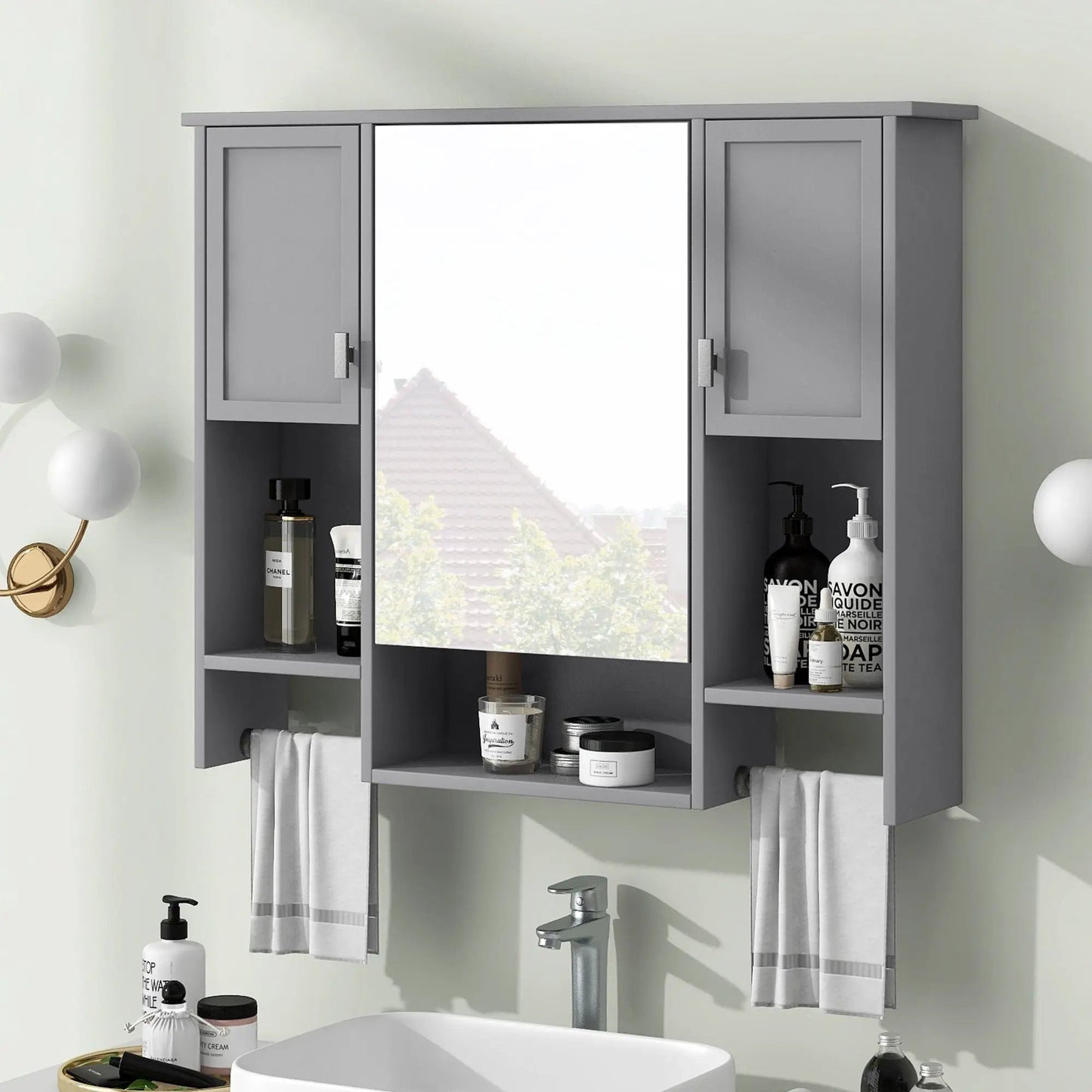 Wall mounted medicine cabinet with mirror and towel bar gray finish Unique Piece Furniture on Tampa Home & Garden Store
