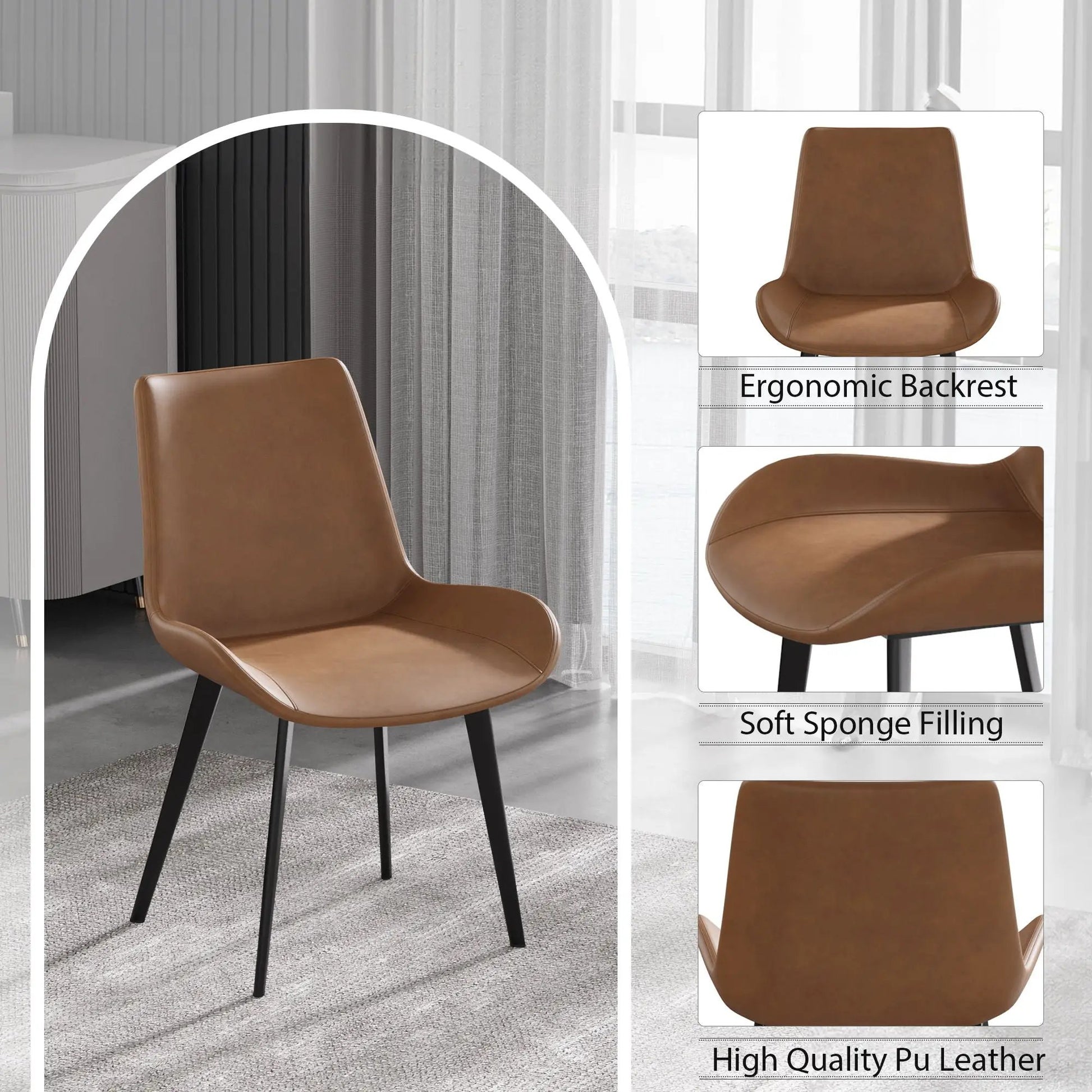 Modern dining chairs set of 2 brown PU leather with black metal legs on Tampa Home & Garden Store