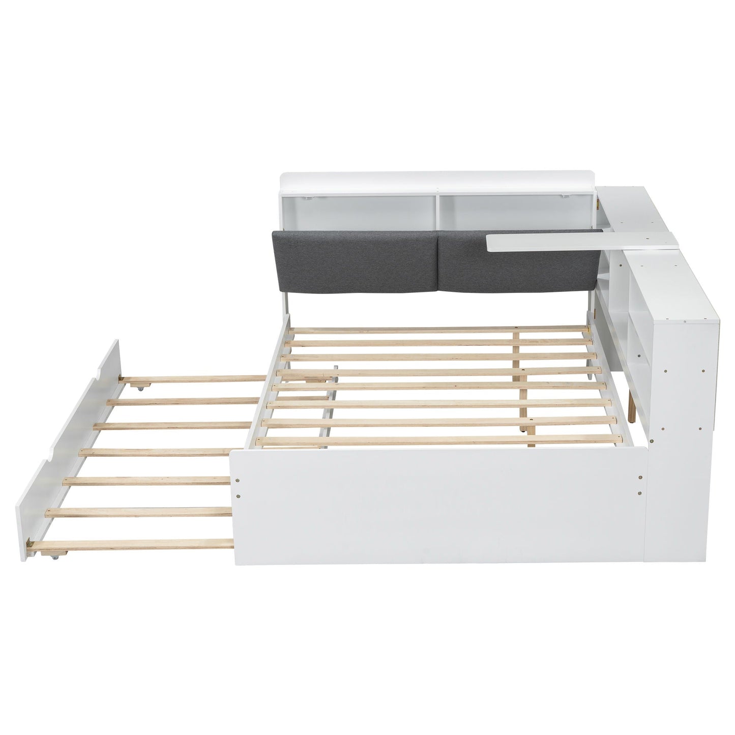 Platform bed with trundle and white storage headboard, gray upholstered panel on Tampa Home & Garden Store