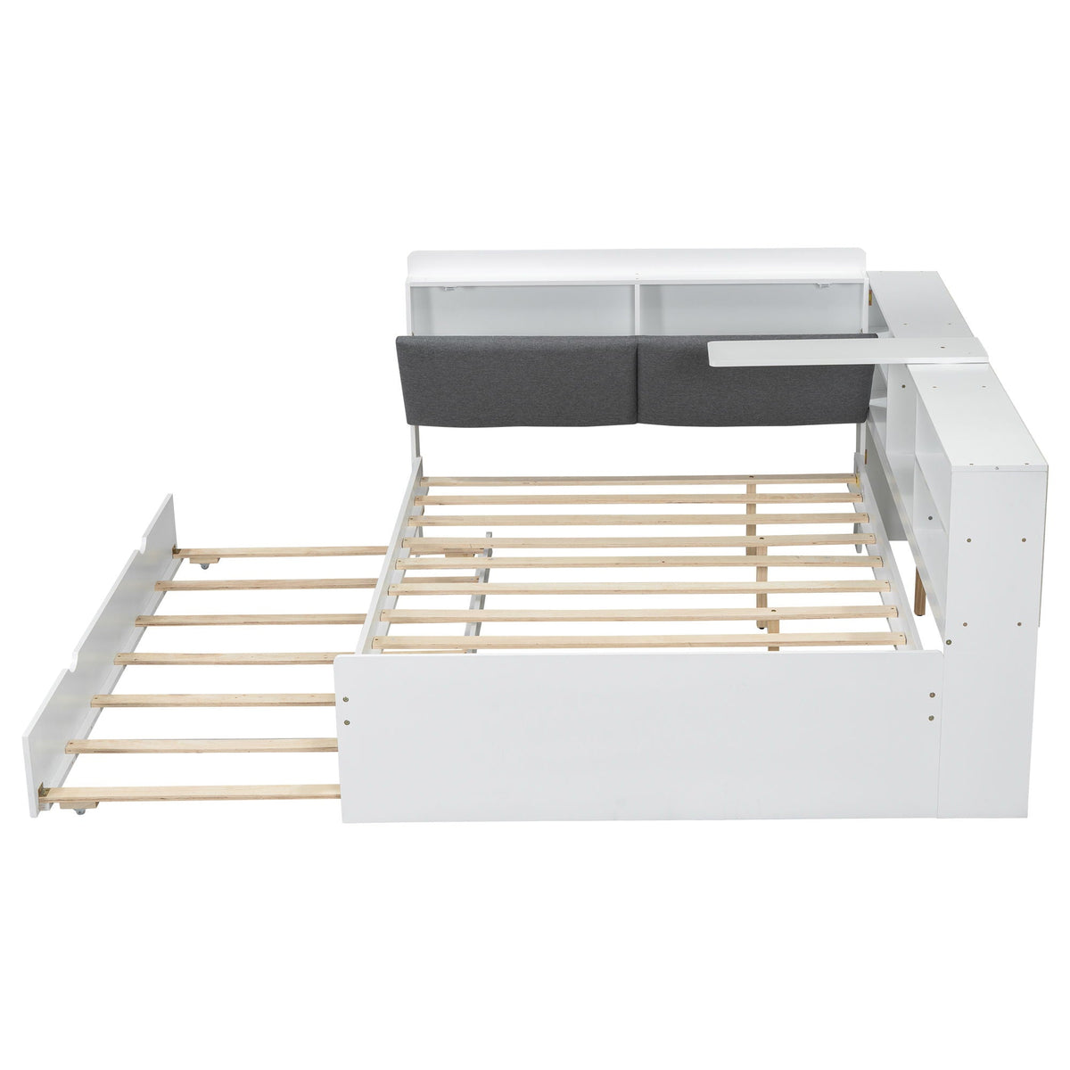 Platform bed with trundle and white storage headboard, gray upholstered panel on Tampa Home & Garden Store