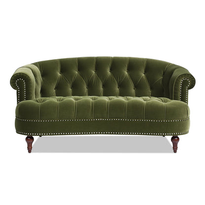 HouseOfZazla Victorian Chesterfield loveseat in green velvet with tufted back and nailhead trim on Tampa Home & Garden Store