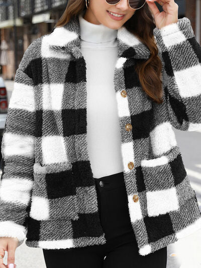 Stevvex Women's fuzzy button-up jacket, black and white plaid, drop-shoulder coat on Tampa Home & Garden Store