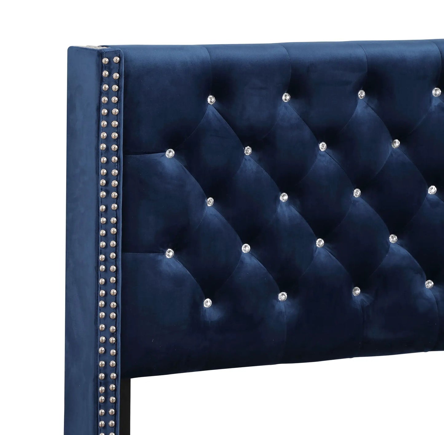 Upholstered Nailhead Trim Chic Bed blue velvet with crystal buttons Unique Piece Furniture on Tampa Home & Garden Store