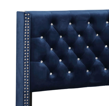 Upholstered Nailhead Trim Chic Bed blue velvet with crystal buttons Unique Piece Furniture on Tampa Home & Garden Store
