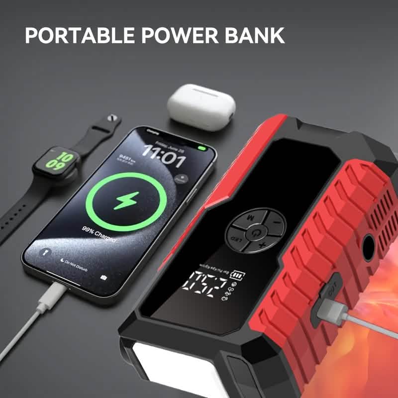 Portable 12V car jump starter with LED panel and air pump, red/black automotive power bank on Tampa Home & Garden Store