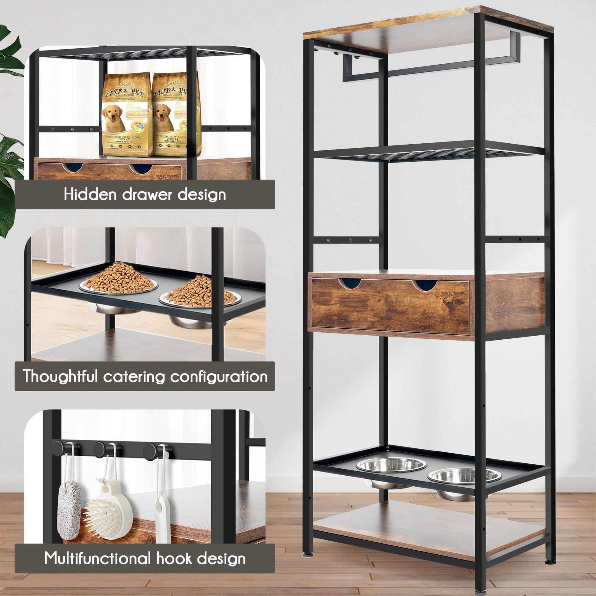 Dog feeding station with 3-height bowls, black metal frame and dark brown wood shelves on Tampa Home & Garden Store