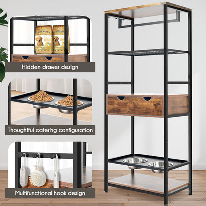 Dog feeding station with 3-height bowls, black metal frame and dark brown wood shelves on Tampa Home & Garden Store