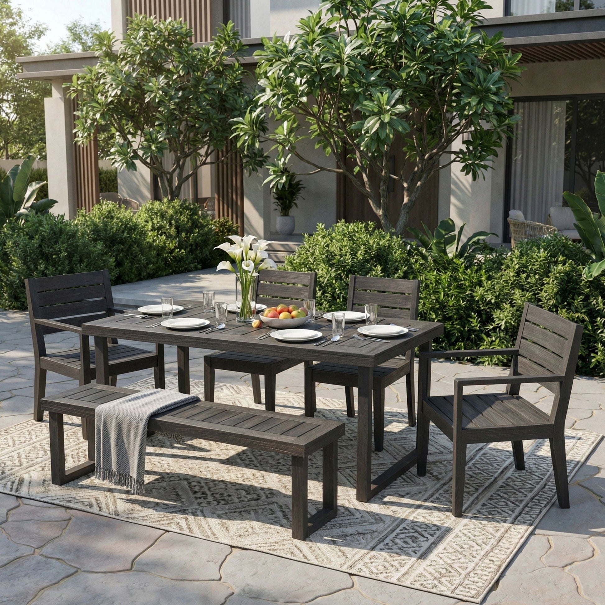 Outdoor 6 Seater Dining Set with Bench in dark gray wood by HouseOfZazla on Tampa Home & Garden Store