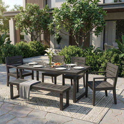 Outdoor 6 Seater Dining Set with Bench in dark gray wood by HouseOfZazla on Tampa Home & Garden Store