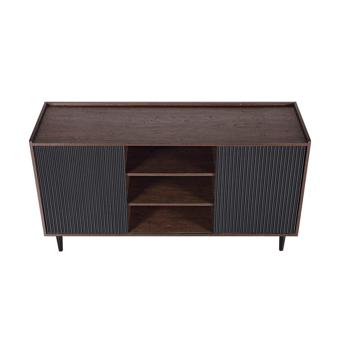 Fluted sideboard with black ribbed doors and open shelves brown wood top HouseOfZazla on Tampa Home & Garden Store