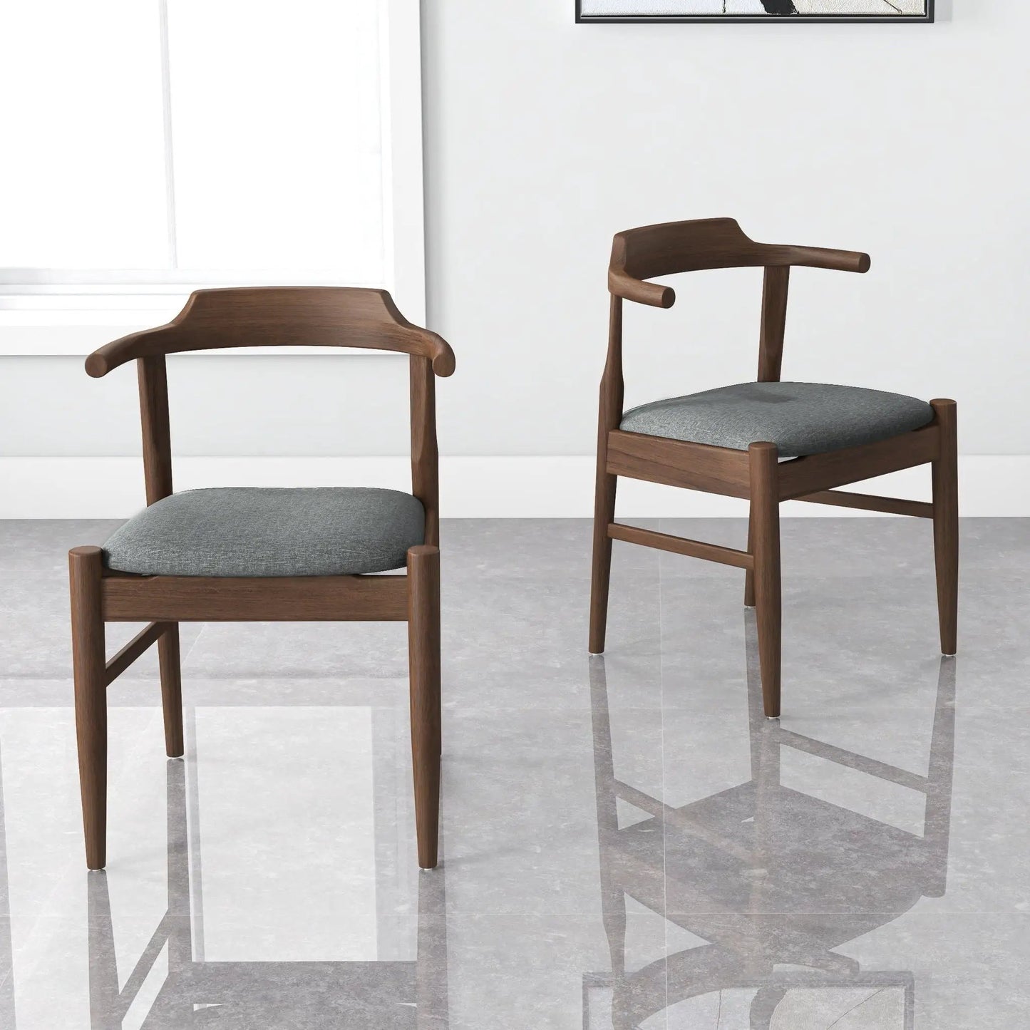 Leon Mid-Century Dining Chair Set of 2 in brown wood with gray fabric seats on Tampa Home & Garden Store