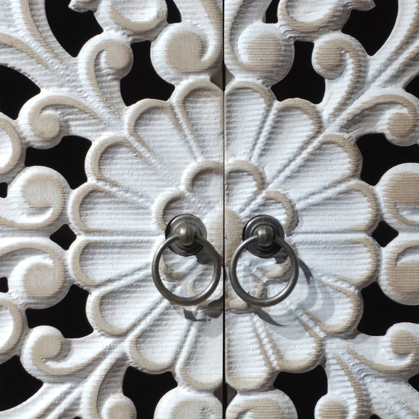 4 Door Wood Cabinet with vintage carved cream wood panels and metal ring pulls on Tampa Home & Garden Store