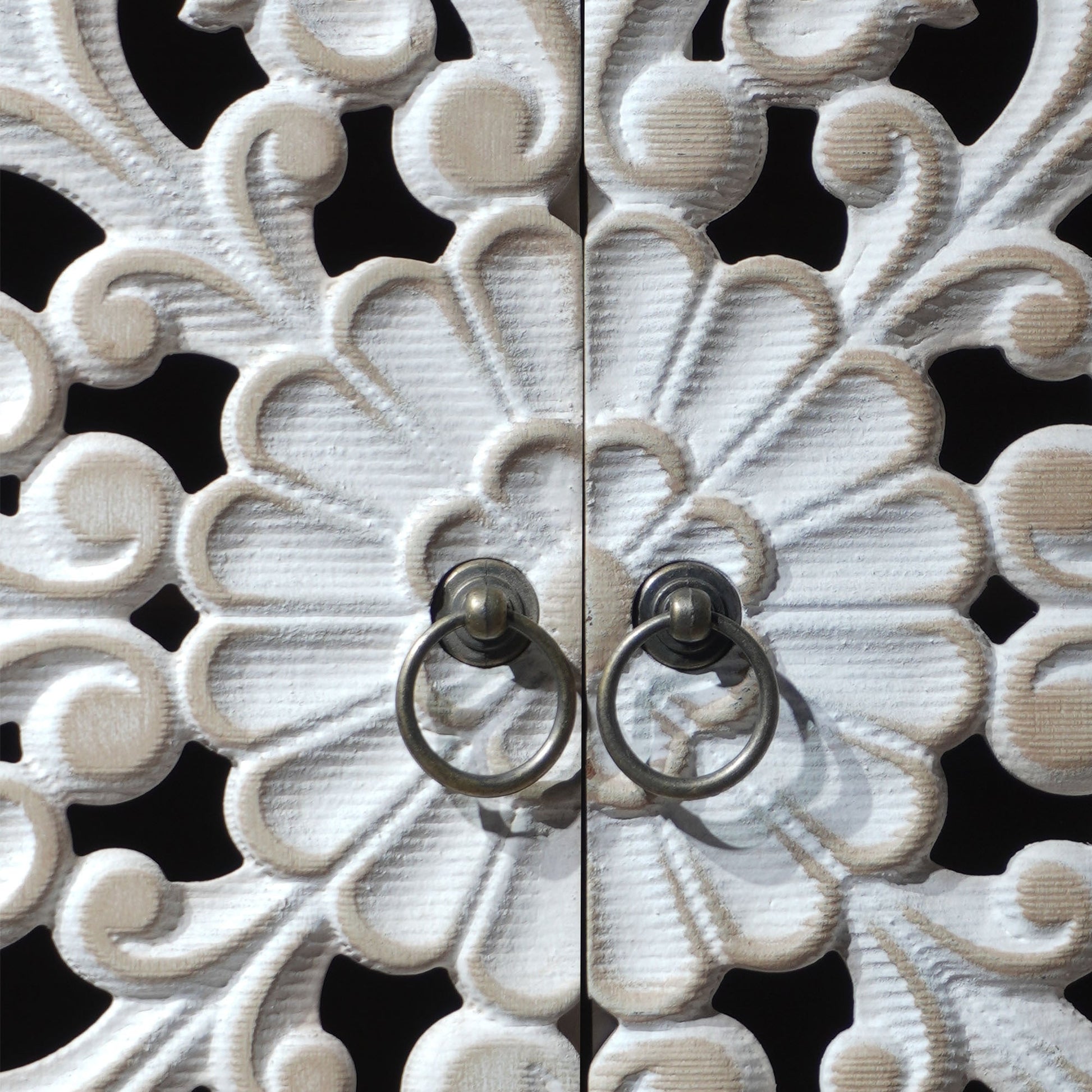 4 Door Wood Cabinet with vintage carved cream wood panels and metal ring pulls on Tampa Home & Garden Store