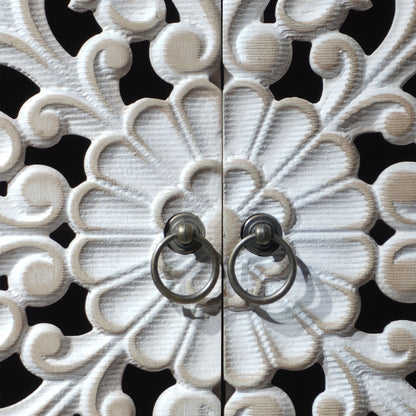 4 Door Wood Cabinet with vintage carved cream wood panels and metal ring pulls on Tampa Home & Garden Store