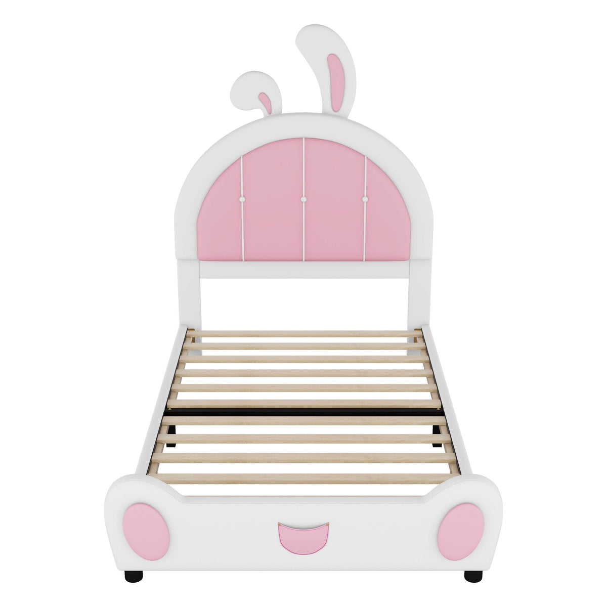 Upholstered platform bed with rabbit-shaped headboard in white and pink, by HouseOfZazla on Tampa Home & Garden Store
