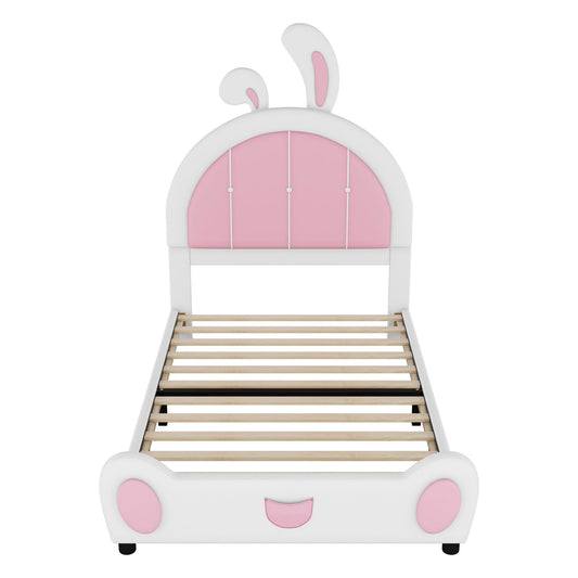 Upholstered platform bed with rabbit-shaped headboard in white and pink, by HouseOfZazla on Tampa Home & Garden Store