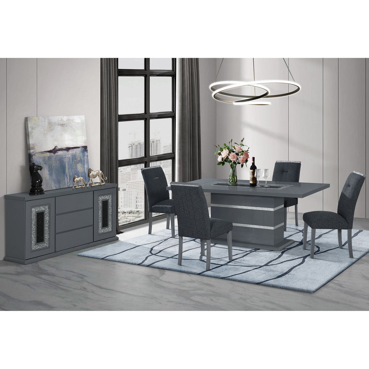 Ariya High Gloss Dining Table dark gray with square pedestal base by HouseOfZazla on Tampa Home & Garden Store