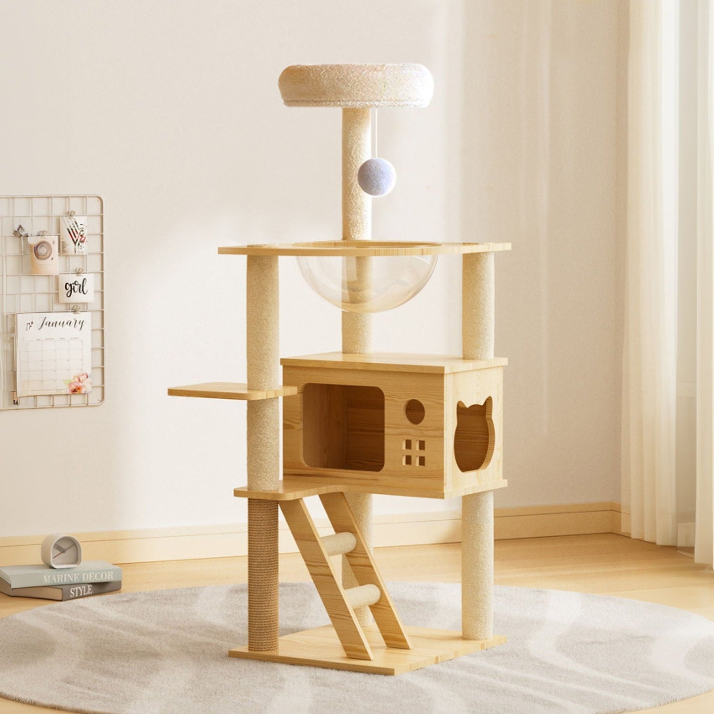 HouseOfZazla Modern Cat Tower in natural wood with sisal posts, top perch, hanging ball toy on Tampa Home & Garden Store