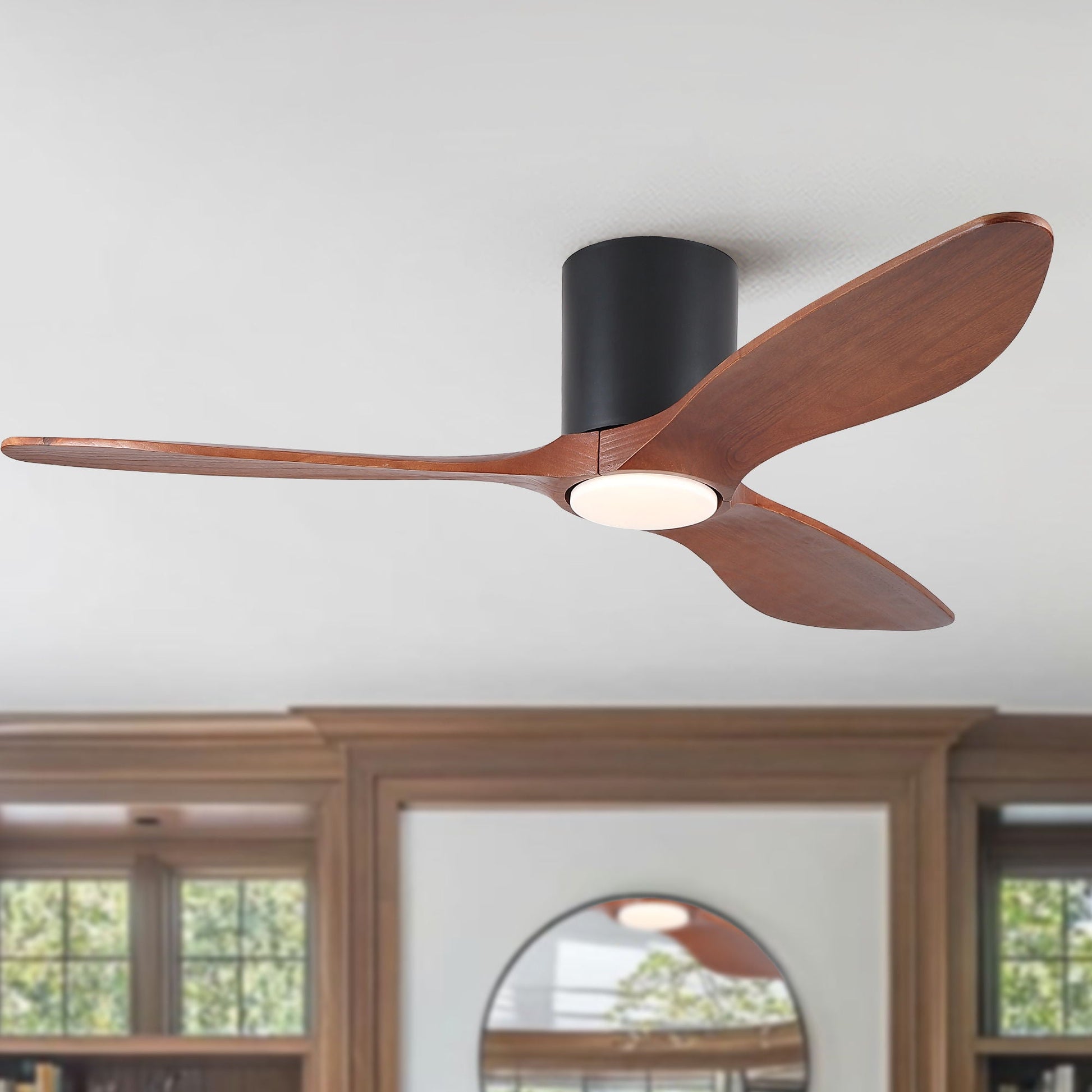 HouseOfZazla matte-black low-profile flush-mount ceiling fan with light and 3 wooden blades on Tampa Home & Garden Store