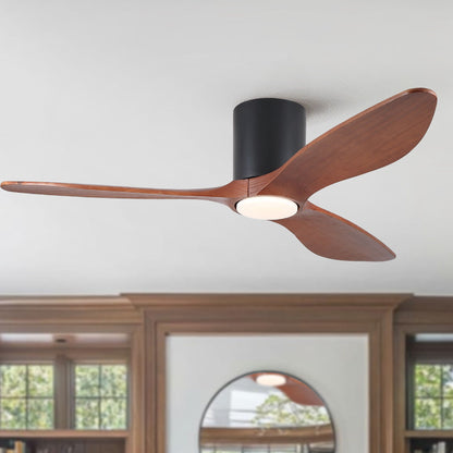 HouseOfZazla matte-black low-profile flush-mount ceiling fan with light and 3 wooden blades on Tampa Home & Garden Store