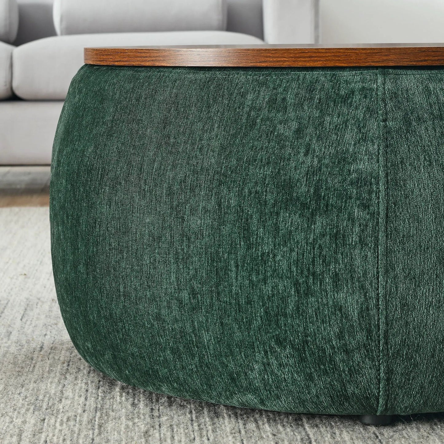 Round green fabric storage ottoman with wood trim top, 2-in-1 end table by Unique Piece on Tampa Home & Garden Store