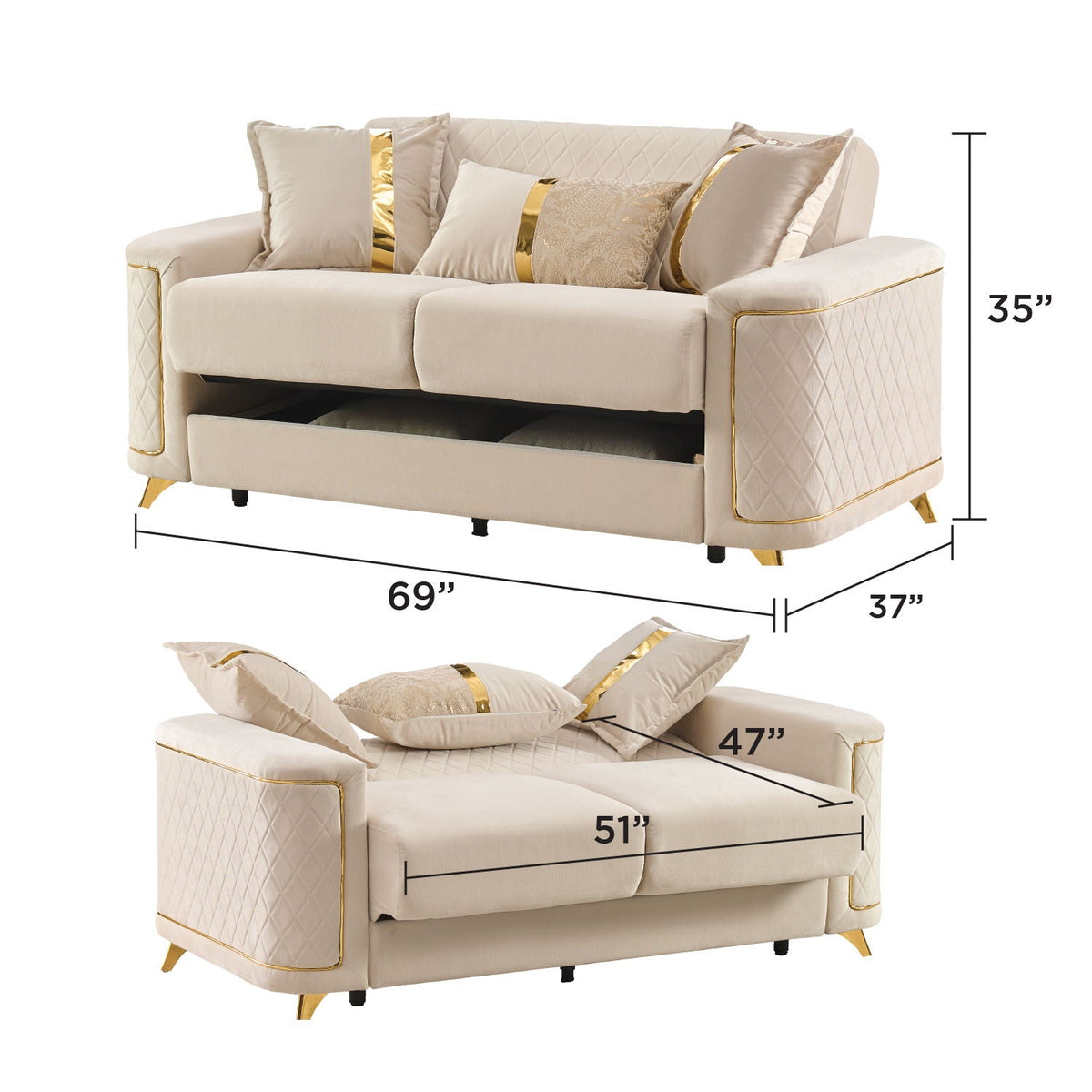 Beige upholstered living room set with gold-tone legs; sofa and loveseat with quilted sides on Tampa Home & Garden Store