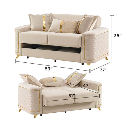 Beige upholstered living room set with gold-tone legs; sofa and loveseat with quilted sides on Tampa Home & Garden Store