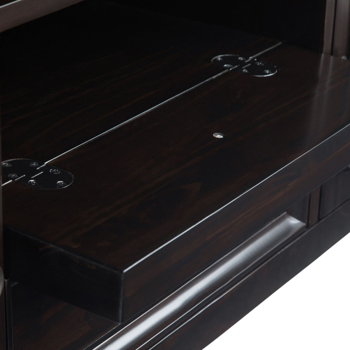 Handcrafted Wide TV Stand with ample storage, dark wood finish, visible metal hinge hardware on Tampa Home & Garden Store