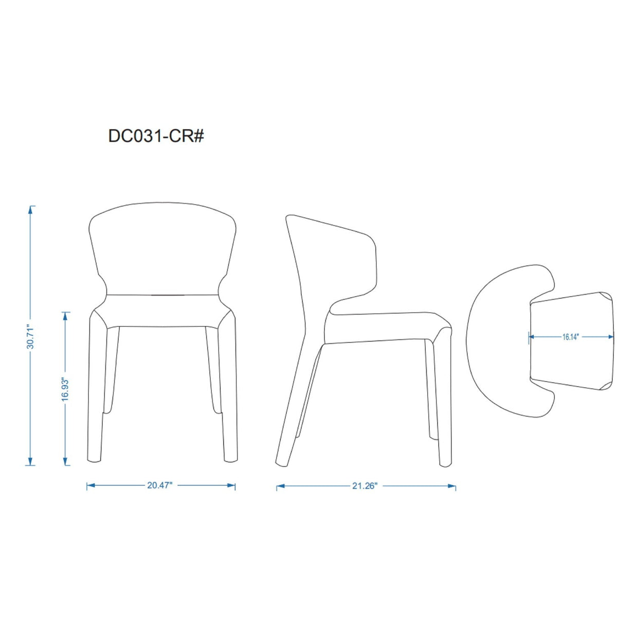 Conrad Dining Chair Set of 2 with metal frame, schematic drawing with blue measurements on Tampa Home & Garden Store