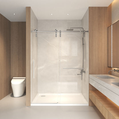 Frameless sliding bathtub door with tempered glass; chrome hardware on a modern shower enclosure on Tampa Home & Garden Store