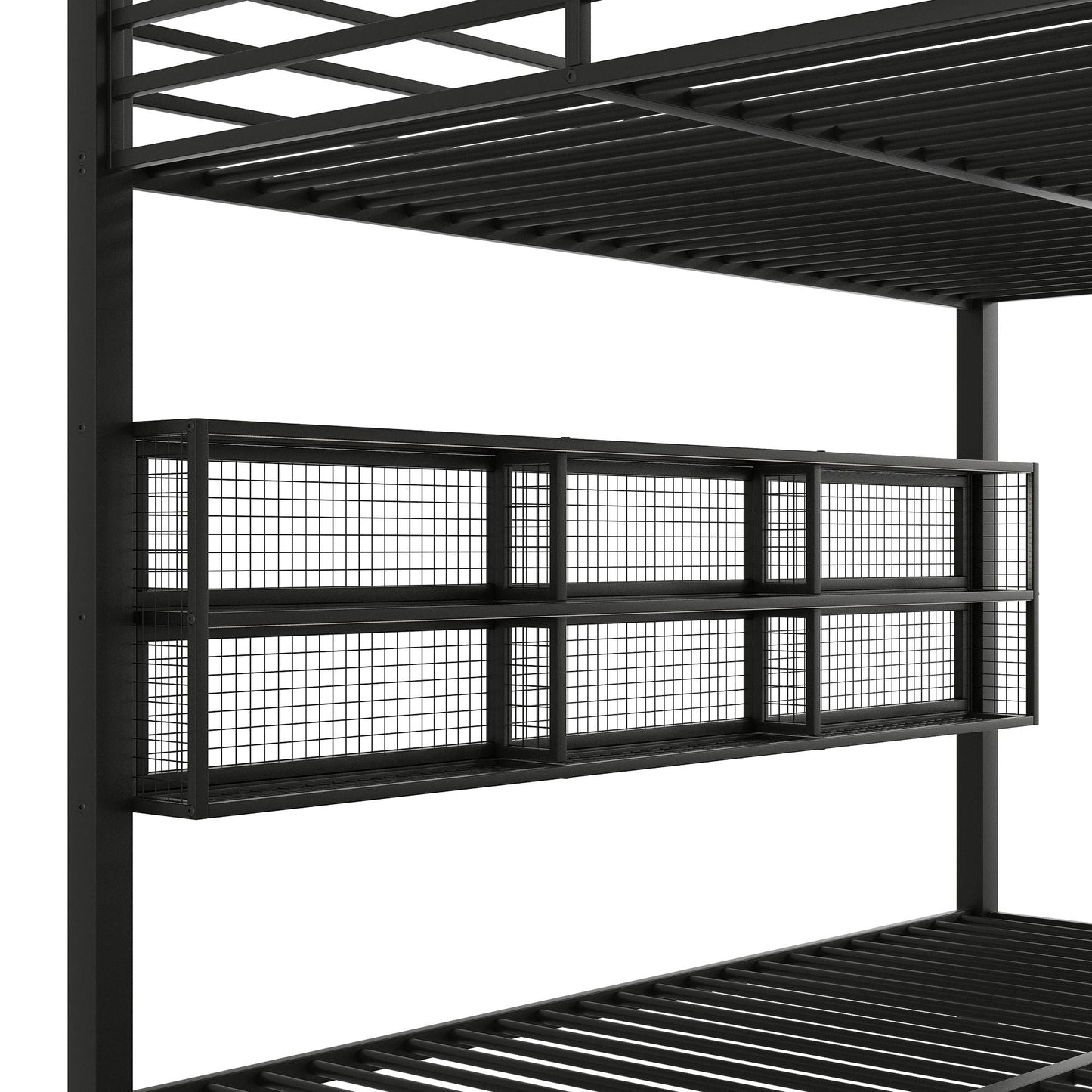 Queen over queen bunk bed black metal frame with six mesh storage panels and slatted rails on Tampa Home & Garden Store