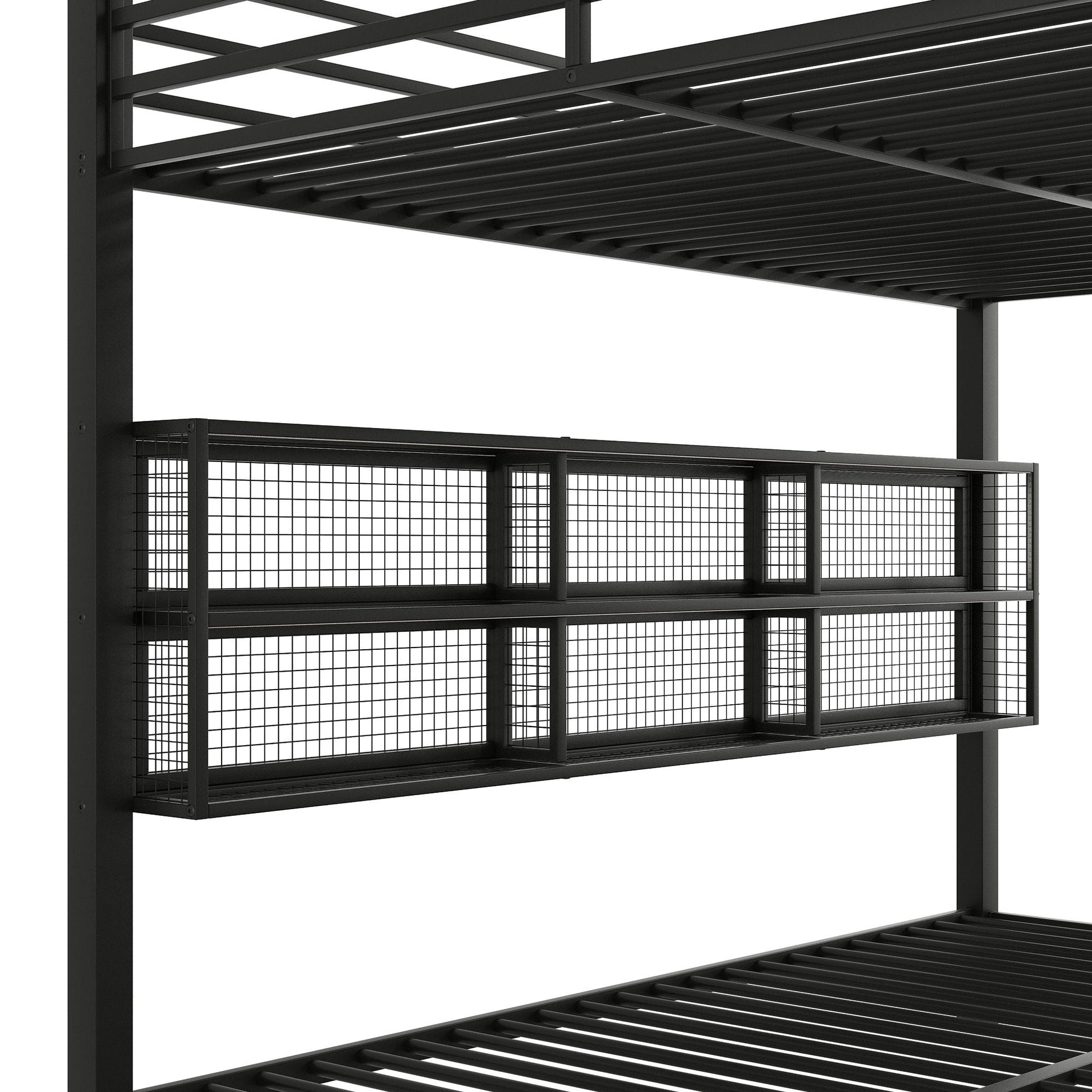Queen over queen bunk bed black metal frame with six mesh storage panels and slatted rails on Tampa Home & Garden Store