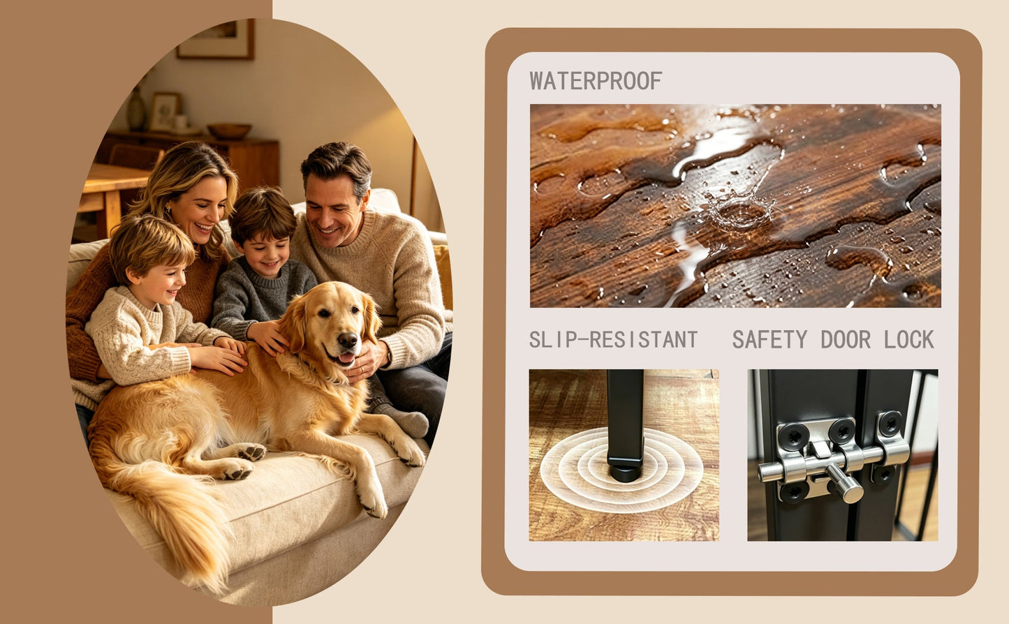 Vintage Wood Grain Dog Cage with Rotating Bowl beside a cozy family and their dog on a sofa woodgrain finish and locking hardware on Tampa Home & Garden Store